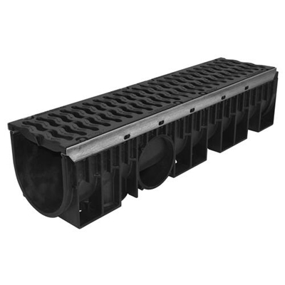 Caniveau PP Kenadrain feuil. Galva grilles fonte D400 200mm int. x 1.00ml DR202DF Noir