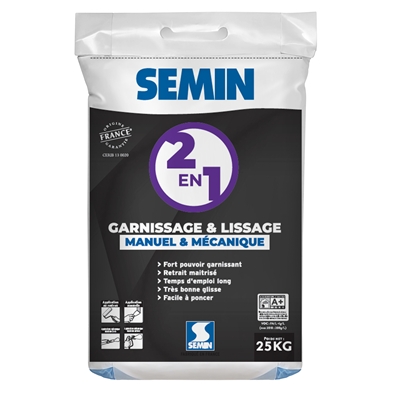 Enduit polyvalent de garnissage & lissage int. 2 en 1 seau 25kg Semin
