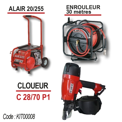 Kit cloueur C28/70 + compresseur Alair 20/255 + enrouleur 30ml