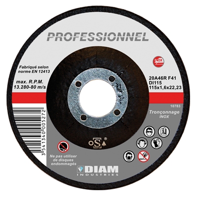 Disque abrasif DI ép. 1.6 x D. 115mm al. 22.23mm coupe inox & tôle fine