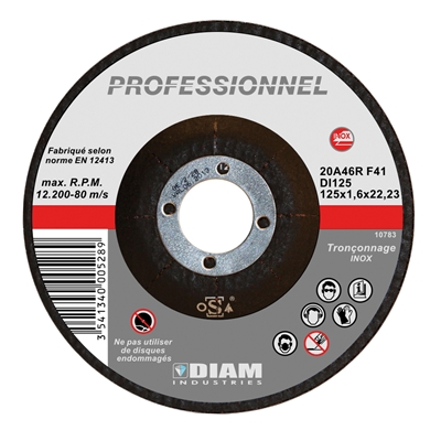 Disque abrasif DI ép. 1.6 x D. 125mm al. 22.23mm coupe inox & tôle fine