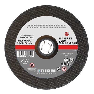 Disque abrasif DI ép. 2.0 x D. 230mm al. 22.23mm coupe inox & tôle fine