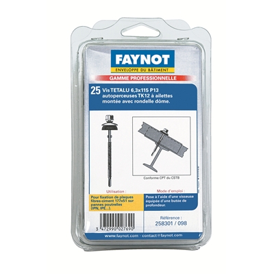 Vis Têtalu P13 TK12 à ailettes D. 6.3 x 115mm + rond. Epdm dôme p/ fibres-ciment s/ acier blister de 25