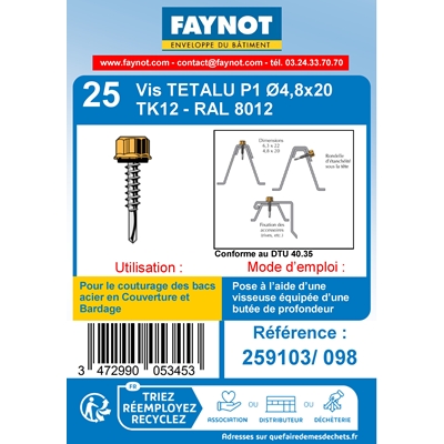 Vis de couture Têtalu P1 TK12 D. 4.8 x 20mm Brun Rouge Ral 8012 s/ bois blister de 25