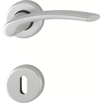 Garniture de porte int. complète alu s/ rosace ronde Ibiza trou de cle L Aspect Argent