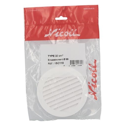 Grille de ventilation plast. 32cm² p/ tuyau fibre ciment D. 100mm + moust. 1BC110 Blanc