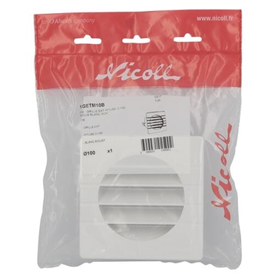 Grille de ventilation plast. 37cm² p/ façade 124 x 124mm p/ tube D. 100mm + moust. 1GETM10B Blanc