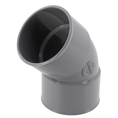 Coude pvc d'évacuation simple 45° FF D. 63mm CL44 Gris