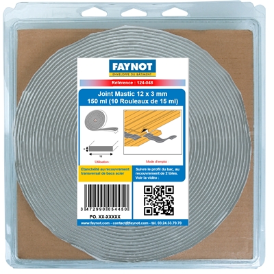 Joint mastic Butyl rectangulaire ép. 3 x 12mm x 15ml Gris p/ plaque de couverture blister de 2