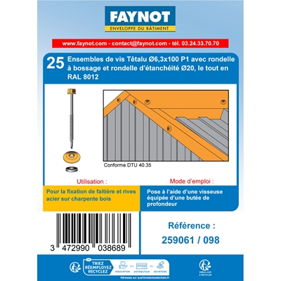 Vis de faîtage Têtalu P1 TK12 D. 6.3 x 100mm + rond. à bossage/néo Brun Rouge Ral 8012 s/ bois blister de 25
