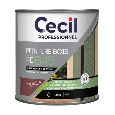 Peinture int. ext. acrylique bois PE B51 0.5L Rouge Basque Satin
