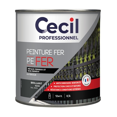 Peinture ext. polysiloxane tous métaux PE FER 0.5L Noir Brillant