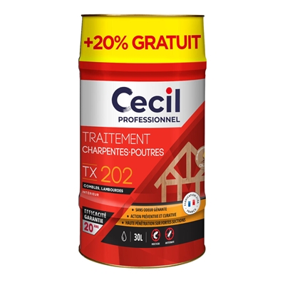 Traitement int. bois charpente & poutre TX 202 bidon 25L + 20% gratuit