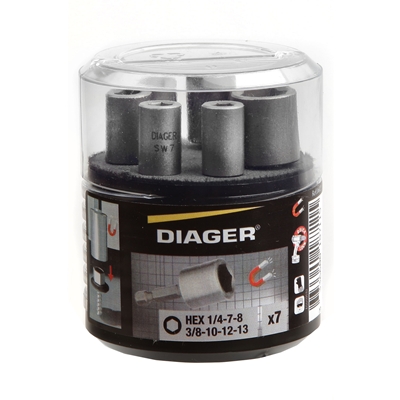 Douilles de vissage magnétique 6 pans lg. 50mm 1/4 x 7 & 8mm 3/8 x 12 & 13mm coffret de 7