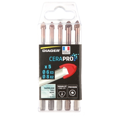 Forets p/ carrelage Cerapro attachement 6 pans D. 6mm (x3) + D. 8mm (x2) coffret de 5