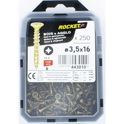 Vis bois-panneau T.F acier bichro. F.P Rocket PZ2 D. 3.5 x 16mm boîte de 250