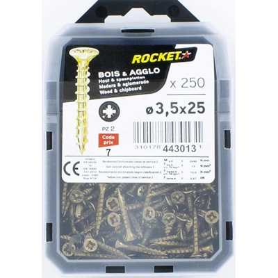 Vis bois-panneau T.F acier bichro. F.P Rocket PZ2 D. 3.5 x 25mm boîte de 250
