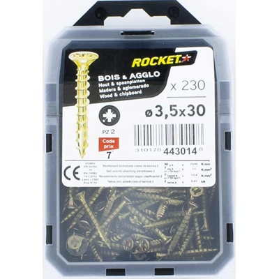 Vis bois-panneau T.F acier bichro. F.P Rocket PZ2 D. 3.5 x 30mm boîte de 230