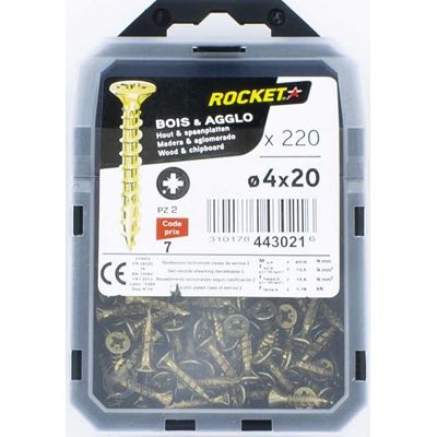 Vis bois-panneau T.F acier bichro. F.P Rocket PZ2 D. 4.0 x 20mm boîte de 220