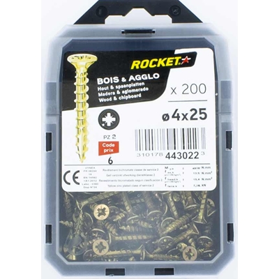 Vis bois-panneau T.F acier bichro. F.P Rocket PZ2 D. 4.0 x 25mm boîte de 200