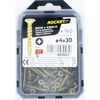 Vis bois-panneau T.F acier bichro. F.P Rocket PZ2 D. 4.0 x 30mm boîte de 160