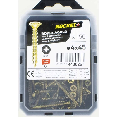 Vis bois-panneau T.F acier bichro. F.P Rocket PZ2 D. 4.0 x 45mm boîte de 150