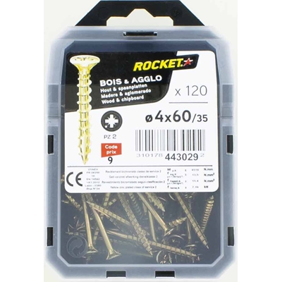 Vis bois-panneau T.F acier bichro. F.P Rocket PZ2 D. 4.0 x 60mm boîte de 120