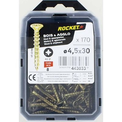 Vis bois-panneau T.F acier bichro. F.P Rocket PZ2 D. 4.5 x 30mm boîte de 170