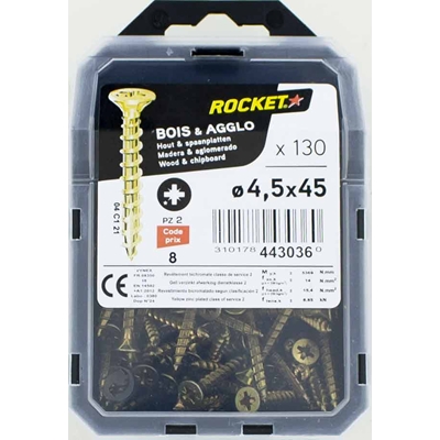 Vis bois-panneau T.F acier bichro. F.P Rocket PZ2 D. 4.5 x 45mm boîte de 130
