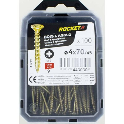 Vis bois-panneau T.F acier bichro. F.P Rocket PZ2 D. 4.5 x 70mm boîte de 100