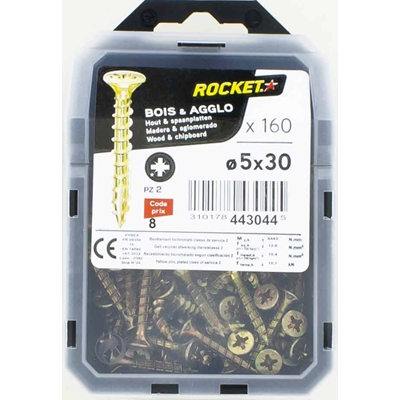 Vis bois-panneau T.F acier bichro. F.P Rocket PZ2 D. 5.0 x 30mm boîte de 160