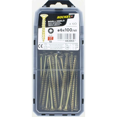 Vis bois-panneau T.F acier bichro. F.P Rocket PZ3 D. 6.0 x 100mm boîte de 60