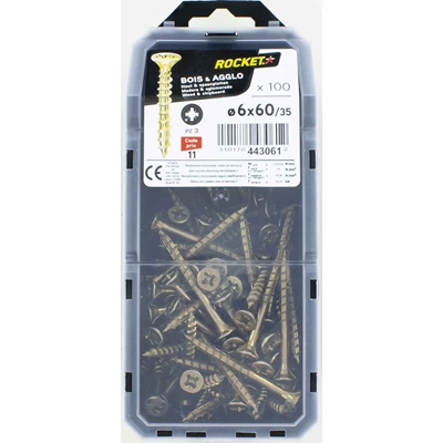 Vis bois-panneau T.F acier bichro. F.P Rocket PZ3 D. 6.0 x 60mm boîte de 100