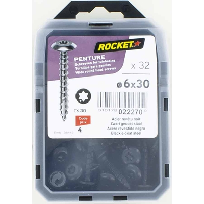 Vis de penture tête cylind. acier Noir Rocket TX30 D. 6 x 30mm boîte de 32