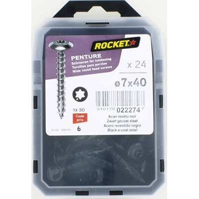 Vis de penture tête cylind. acier Noir Rocket TX30 D. 7 x 40mm boîte de 24