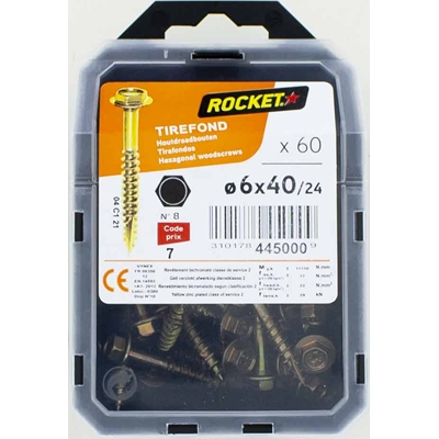 Tirefonds 6 pans à emb. acier bichro. F.P Rocket D. 6 x 40mm boîte de 60