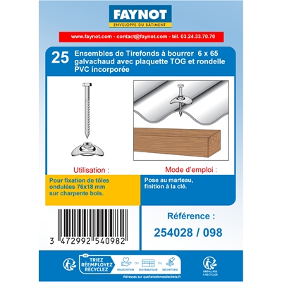 Tirefonds à visser acier Galva TH M6 D. 6 x 65mm + plaq. 40 x 28mm + rond. p/ tôle Ondulée s/ bois blister de 25