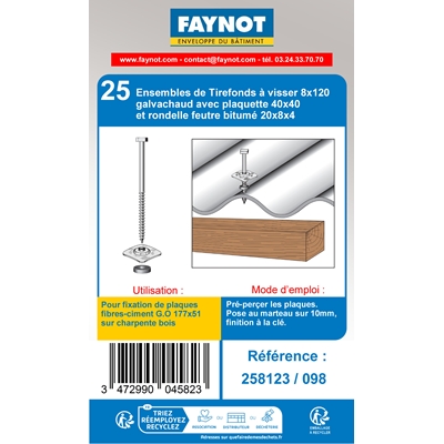 Tirefonds à visser acier Galva TH M8 D. 8 x 120mm + plaq. + rond. feutre p/ tôle fibres-ciment s/ bois blister de 25