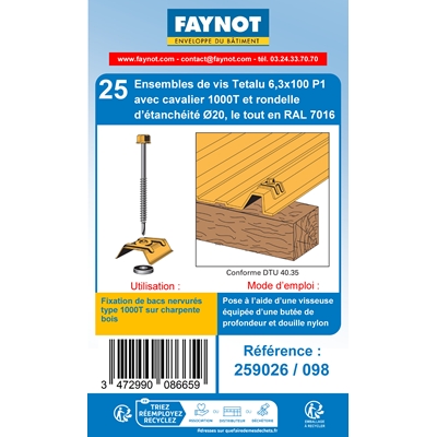 Vis Têtalu P1 D. 6.3 x 100mm + cavalier 1000T + rondelle Gris Anthracite Ral 7016 s/ bois blister de 25