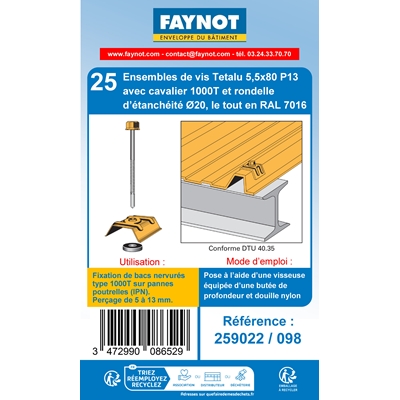 Vis Têtalu P13 TK12 D. 5.5 x 80mm + cavalier + rond. Gris Anthracite Ral 7016 p/ bac sec s/ acier blister de 25
