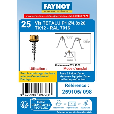 Vis de couture Têtalu P1 TK12 D. 4.8 x 20mm Gris Anthracite Ral 7016 s/ bois blister de 25