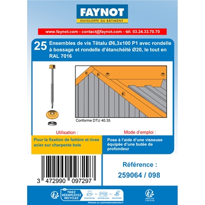 Vis de faîtage Têtalu P1 TK12 D. 6.3 x 100mm + rond. à bossage/néo Gris Anthra. Ral 7016 s/ bois blister de 25