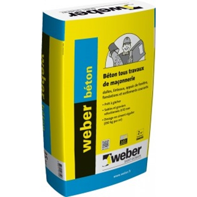 Béton tous travaux de maçonnerie prêt à l'emploi (350kg/m3) Weber Béton sac 25kg