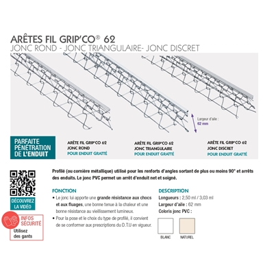 Arête p/ enduit ext. fil Galva Grip'Co 62 jonc pvc fin Blanc 3.03ml