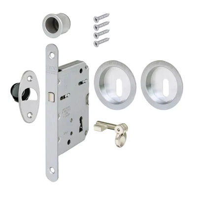 Kit garniture p/ porte simple Chiudiscrigno ronde avec serrure clef articulée Chromé Satiné