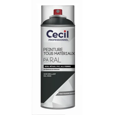 Peinture int. ext. tous matériaux PA RAL aérosol 400ml Noir Brillant
