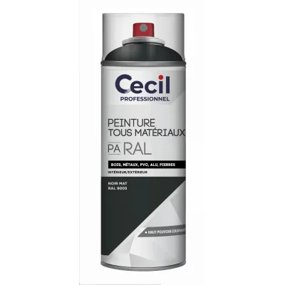 Peinture int. ext. tous matériaux PA RAL aérosol 400ml Noir Mat