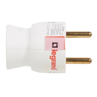 Fiche plastique mâle 2P+T 16A monobloc sortie dessous Blanc R.50101 LEGRAND