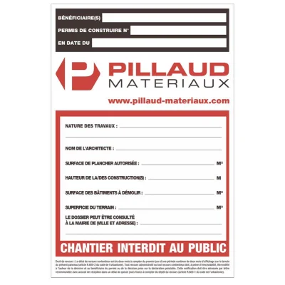 Panneau chantier Permis de construire 120 x 80cm Pillaud Materiaux