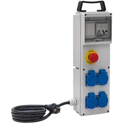 Boitier de distribution chantier IP44 4 prises 16Ah arrêt d'urgence câble 3G2.5mm²